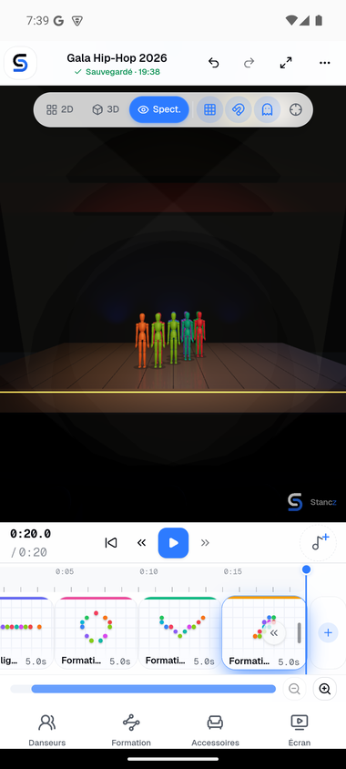 Capture de l'application Stancz : vue spectateur d'une scène avec des danseurs placés